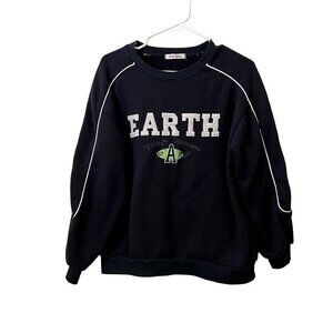 Free Valley Earth Graphic Crewneck Sweatshirt M Navy Blue Women Fleece Pullover